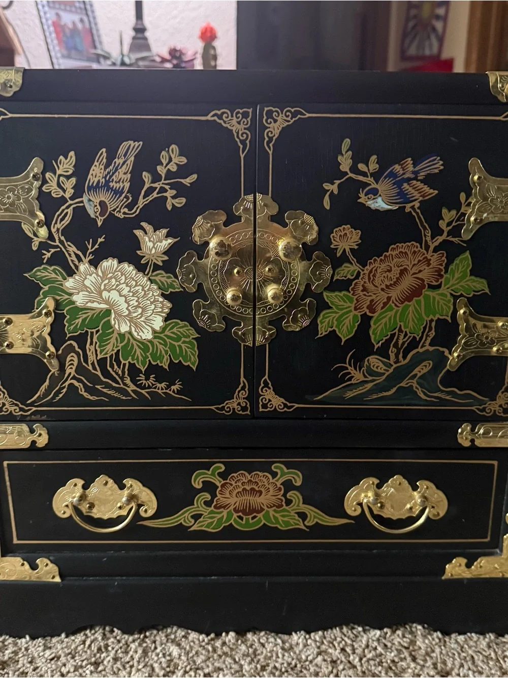 Beautiful Black laquared Vintage Floral Jewelry Cabinet with Gold Hardwood.